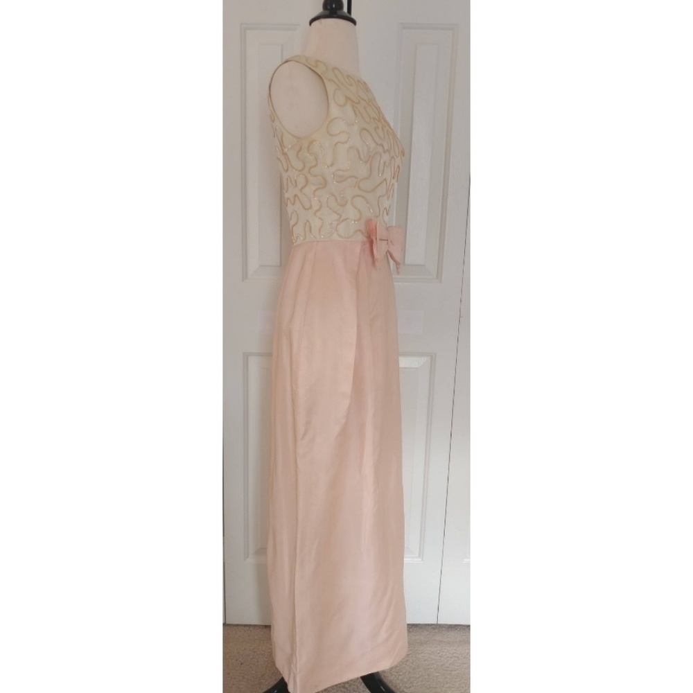Vintage 1960s Ivory & Blush Sequin Bow Column Dress Satin XS 2 4 - Picture 3 of 7